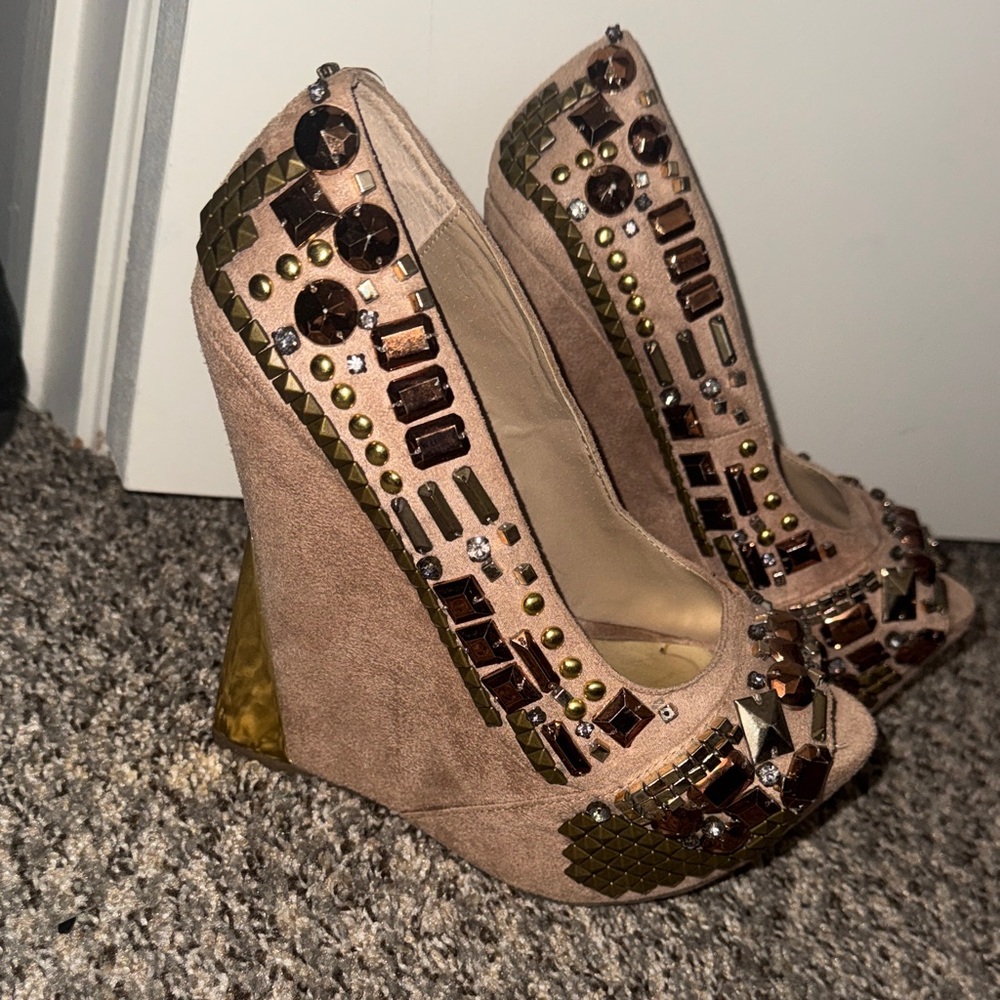 Wild Pair Brown and Gold Embellished Wedges